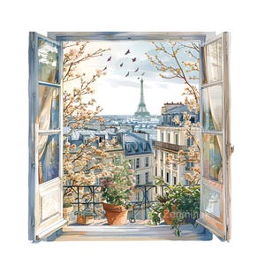 15 imágenes PNG de ventanas de primavera de París, ilustración con vista al balcón de la Torre Eiffel, arte de flores florecientes, descarga digital de una ciudad romántica