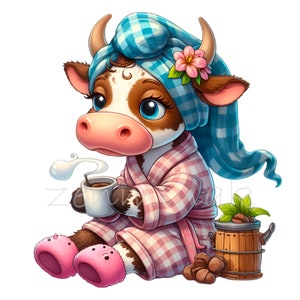 16 lindas imágenes prediseñadas de vaca PNG, animales de granja con café, adorable arte de vaca en pijama, ilustración de vaca soñolienta, vaca de dibujos animados por la mañana