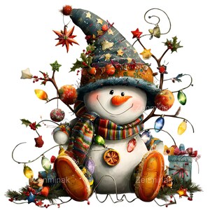 May include: A whimsical snowman illustration with a blue hat adorned with stars and holly. The snowman wears a colorful scarf and is decorated with Christmas lights and ornaments. A festive gift box is placed near the snowman.