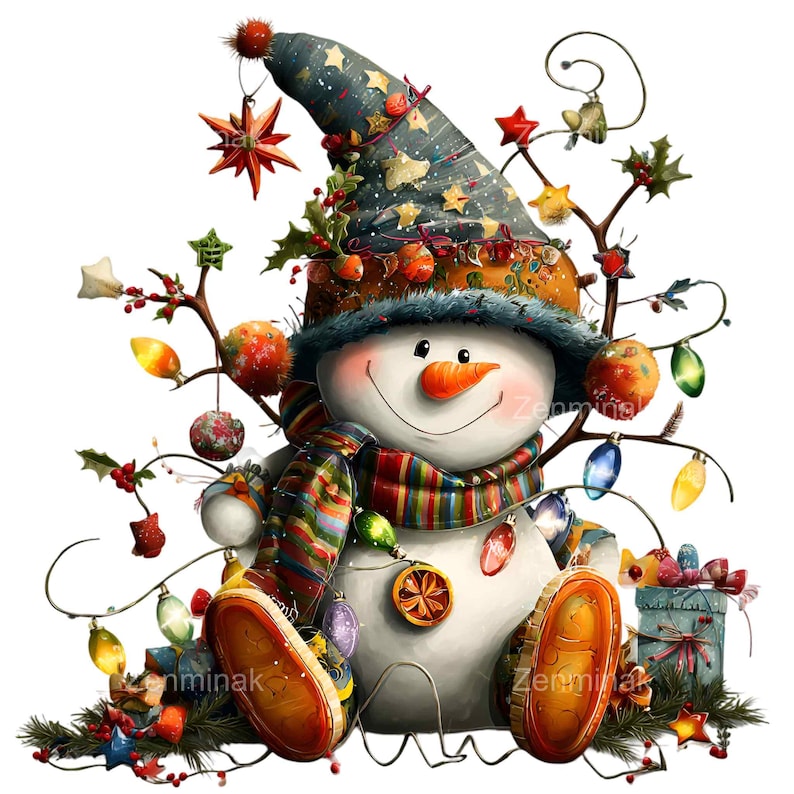 May include: A whimsical snowman illustration with a blue hat adorned with stars and holly. The snowman wears a colorful scarf and is decorated with Christmas lights and ornaments. A festive gift box is placed near the snowman.