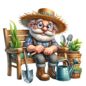 Può includere: Un'illustrazione di un uomo amichevole con la barba bianca che indossa un cappello di paglia e occhiali, seduto su una panchina di legno con attrezzi da giardinaggio. Sta tenendo una piccola pala e un annaffiatoio è nelle vicinanze.