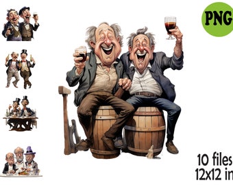 10 PNG Funny Old Men Clipart Bundle – Senior Friends PNG Set – Humorous Drinking Characters for Cards, Crafts and Printable Projects