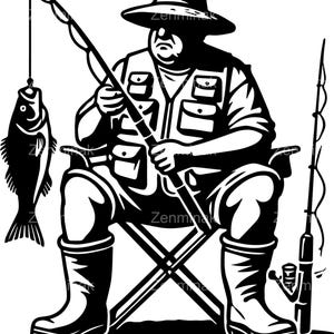 4 SVG de pescador relajado pescando, silueta de pescador con caña de pescar, arte digital para pasatiempos al aire libre