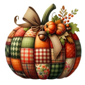 14 Patchwork Zucca PNG Clipart con fiocco e foglie autunnali, illustrazione del raccolto autunnale, arte decorativa della stagione rustica