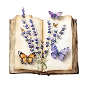 14 vlinder- en lavendelboek png, aquarel clipart voor journaling, vintage open boek met vlinders en bloemen