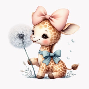 10 PNG Cute baby giraffe clipart – Adorable cartoon giraffe with bows and dandelion PNG – Nursery animal art for baby shower or kids decor