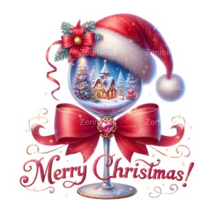 15 Clipart di globo natalizio in PNG - Globo di neve in PNG con chiesa, fiocco rosso e cappello di Babbo Natale - Arte di auguri natalizi per biglietti e lavoretti