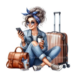 Reisen Frau PNG - 15 Stilvolle Reisende Clipart, Denim Outfit Mädchen mit Koffer, Abenteuer und Kaffee Illustration
