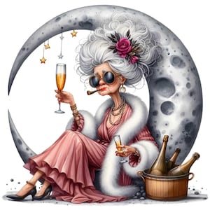 Clipart di lussuosa donna della luna, 10 eleganti donne anziane con champagne, PNG della sera celeste, download di arte digitale per feste sofisticate