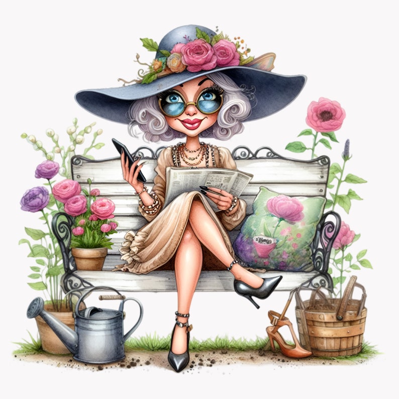 10 PNG Funny Granny Gardening PNG Clipart – Old Lady With Coffee and ...