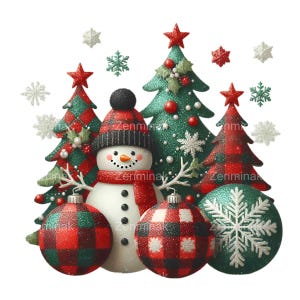 15 PNG チェック柄クリスマス – 赤と緑のバッファローチェック柄のオーナメントとツリーが付いたかわいい雪だるま。ホリデーカード、工芸品、装飾用のお祝いクリップアート