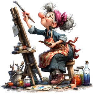 Könnte beinhalten: Cartoon-Illustration eines älteren Künstlers, der auf einer hölzernen Staffelei malt. Der Künstler trägt eine Brille, eine rot-weiß gemusterte Schürze und ein rosa Kopftuch. Pinsel, Farbtöpfe und eine Palette sind sichtbar.