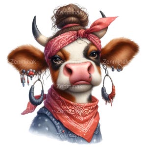 Könnte beinhalten: Eine braune und weiße Kuh mit einem roten Bandana um den Kopf und einem Nasenring. Die Kuh hat einen Dutt im Haar und trägt Ohrringe.