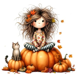 18 immagini PNG di ragazza autunnale con gatto, clipart PNG, bambino carino seduto su una zucca, capelli spettinati, foglie che cadono, scena autunnale accogliente, arte stagionale stravagante