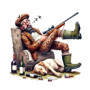 21 divertenti clipart PNG di cacciatori, uomo addormentato con fucile e cane, esilarante cartone animato di caccia, download digitale