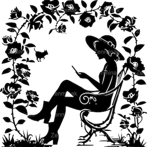 6 SVG Lady Reading in Rose Garden SVG Cut File. Silhouette di una donna con un cappello da sole, seduta su una panchina sotto tralci di rose rampicanti arcuati