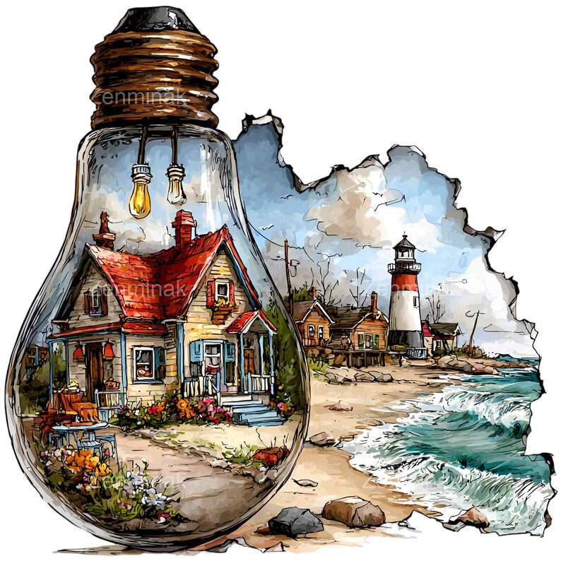 May include: Watercolor illustration of a house inside a lightbulb, with a coastal scene outside. The house has a red roof, blue shutters, and a porch. A lighthouse and beach are visible outside the bulb. The image has a whimsical, artistic style.