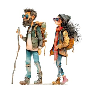 25 Pareja de excursionistas PNG Clipart, divertidos dibujos animados de viajeros con mochilas, botas, gafas de sol, mapa y bastón de senderismo