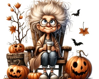 12 PNG Halloween Grandma In Rocking Chair Coffee Pumpkin Clipart