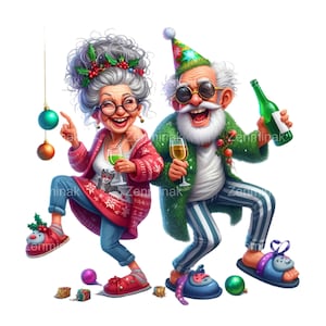 Coppia di anziani divertenti PNG - 15 Clipart di nonni per feste di Natale, Illustrazione di Natale di anziani allegri, Arte di celebrazione festiva