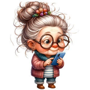 May include: A cartoon illustration of a woman with grey hair wearing round glasses and a pink and blue plaid jacket. She is holding a blue smartphone in her hands.