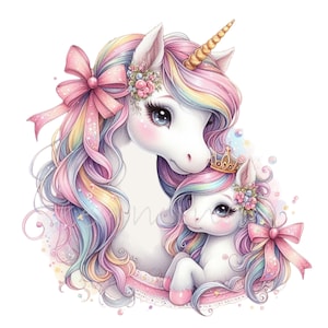 Clipart licorne, clipart fête des mères, 10 PNG pour chambre d'enfant licorne maman bébé illustration aquarelle, journal indésirable, fabrication de cartes, cadeau pour les amoureux