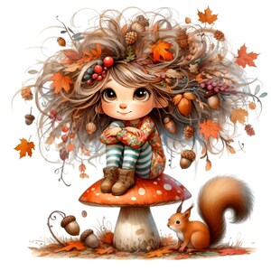 Fille d'automne avec des cheveux de gland et un ami écureuil, 15 images PNG pour une décoration et des travaux manuels sur le thème de la forêt