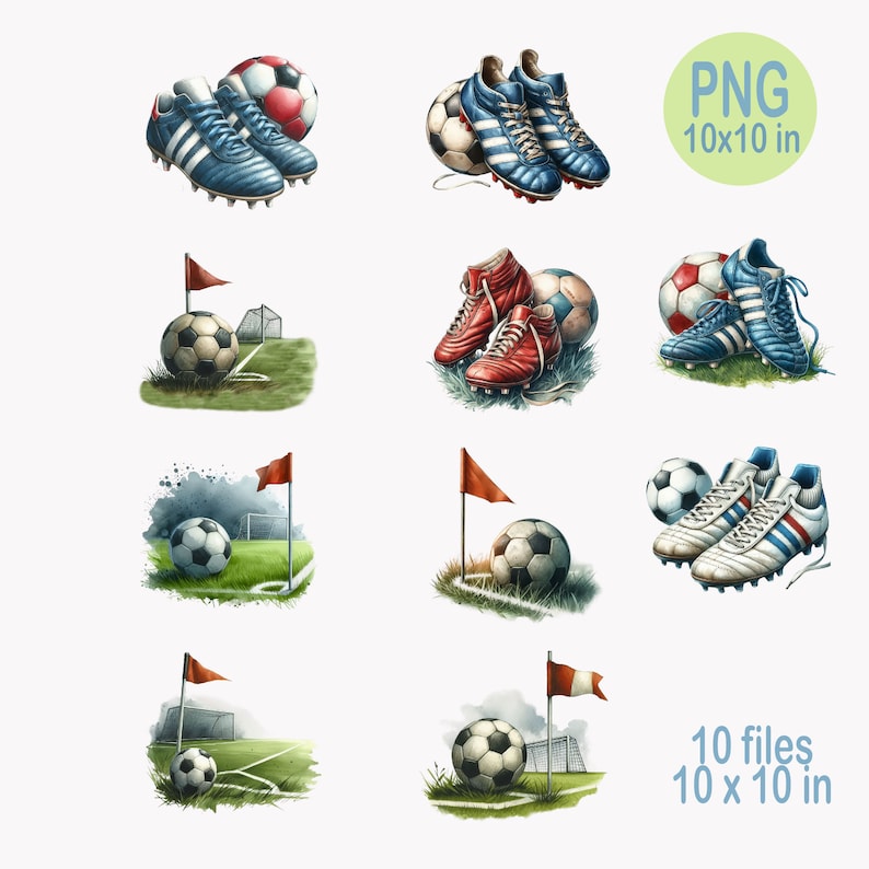 Puede incluir: Diez ilustraciones digitales con tem&aacute;tica de f&uacute;tbol. Cada imagen presenta un bal&oacute;n de f&uacute;tbol, un campo de f&uacute;tbol y una porter&iacute;a de f&uacute;tbol. Algunas im&aacute;genes tambi&eacute;n incluyen botas de f&uacute;tbol.