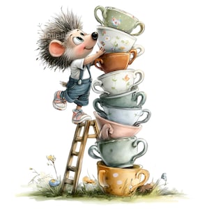 May include: A whimsical illustration of a hedgehog character balancing a stack of colorful teacups. The teacups are in various pastel shades, with floral and polka dot designs. The hedgehog is wearing overalls and sneakers, standing on a small wooden ladder.