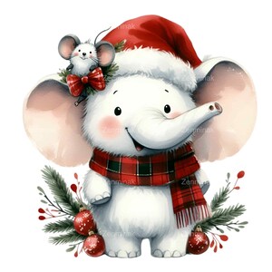 20 cliparts PNG éléphant de Noël - éléphant de vacances mignon en bonnet de Noel avec un ami souris, une écharpe et des ornements - art animalier festif