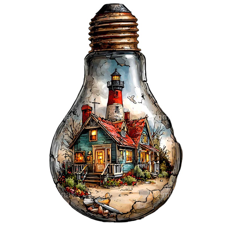 May include: A whimsical illustration of a house and lighthouse inside a lightbulb. The house is blue with a red roof, and the lighthouse is red and white. The lightbulb has a bronze base and a cracked glass exterior, creating a unique decorative piece.
