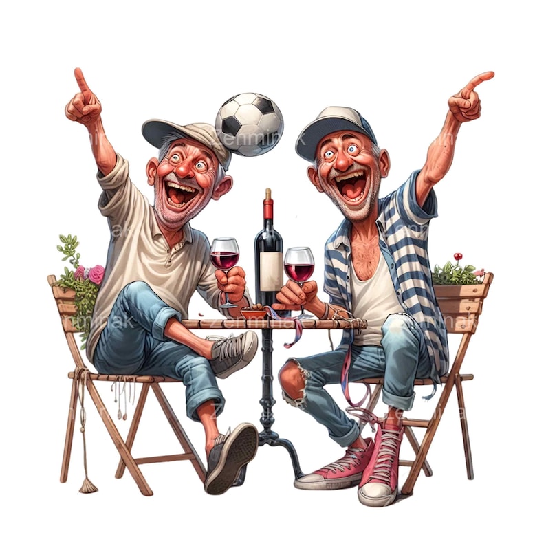May include: Two men wearing hats and casual clothing are sitting at a table outdoors. They are both smiling and holding glasses of red wine. A soccer ball is in the air above them.