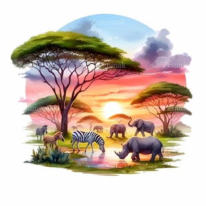 Clipart PNG tramonto sulla fauna selvatica, maestosi animali africani a pozzo d'acqua - Download PNG ad alta risoluzione