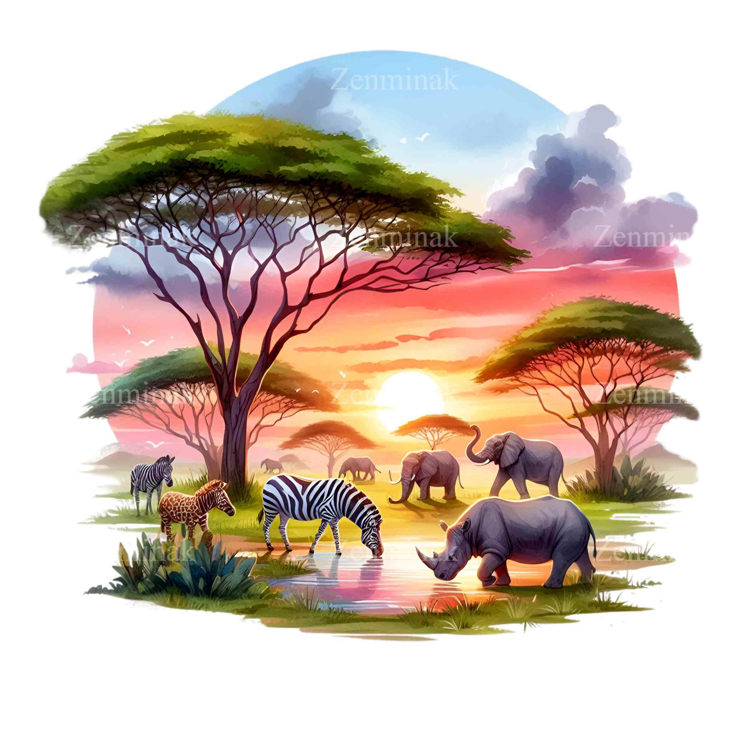 10 imágenes PNG de animales de safari africano: imágenes prediseñadas de  vida silvestre de la sabana al atardecer con elefantes, cebras, jirafas y  rinocerontes para arte mural y diseños de sublimación. -, image size:2400x2400