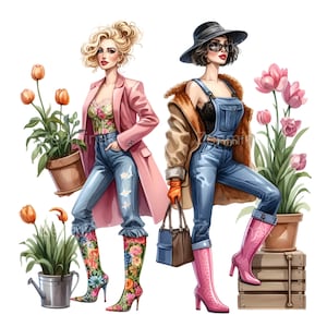 15 clipart de jardineiros da moda em PNG – PNG de mulheres da moda com flores e botas – arte divertida de jardinagem de primavera para projetos de artesanato e planejamento