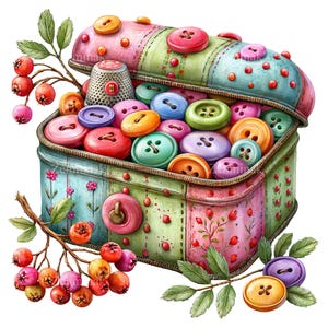 May include: A colorful, open sewing box filled with various buttons in shades of red, orange, yellow, green, blue, and purple. The box is decorated with floral patterns and a thimble. Sprigs of berries and leaves frame the box.