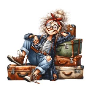 Mujer viajera feliz con equipaje vintage PNG - 12 ilustraciones de viajeros mayores en estilo retro, arte de aventura divertido