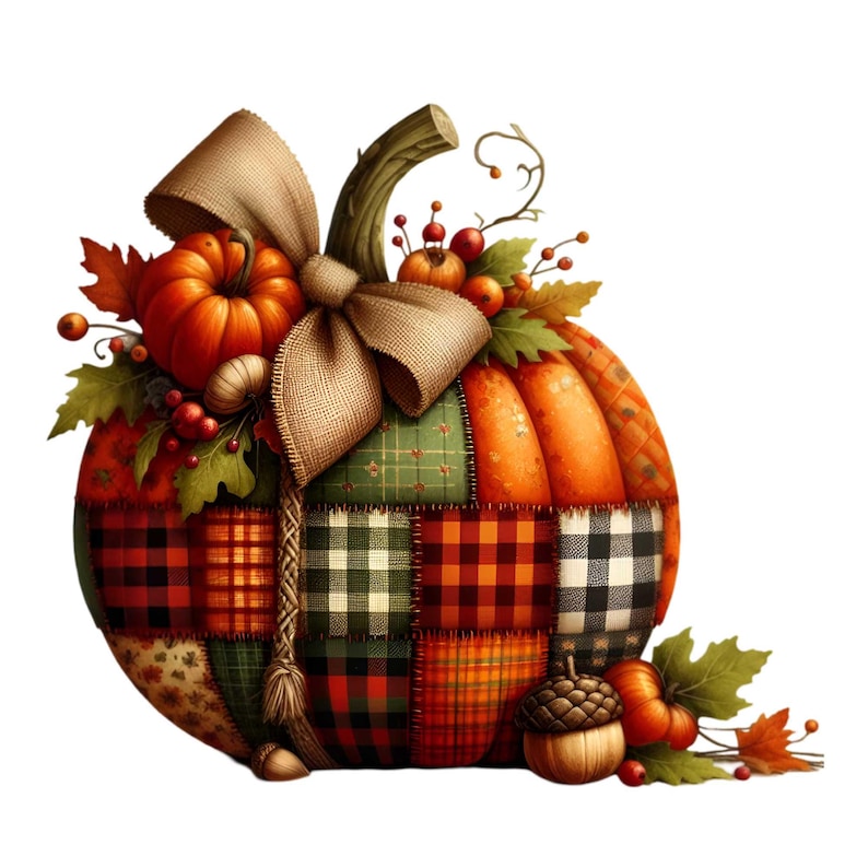 Puede incluir: Una calabaza de patchwork con un lazo de arpillera marr&oacute;n y acentos de follaje oto&ntilde;al. La calabaza est&aacute; decorada con una variedad de patrones de cuadros y cuadros en rojo, verde, negro y blanco.