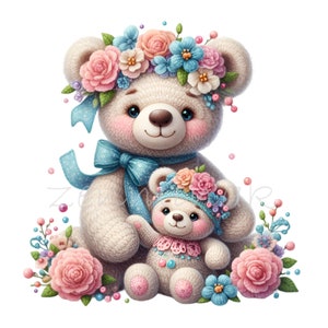 10 Cute Bear Clipart PNG, Mãe e Bebê Ursos com Flores, Ilustração de Pelúcia Caprichosa, Arte de Bicho de Pelúcia Adorável