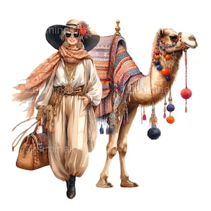 16 PNG Clipart di viaggio nel deserto - Donna alla moda con cammello PNG - Elegante illustrazione nomade per viaggi esotici e decorazioni artigianali