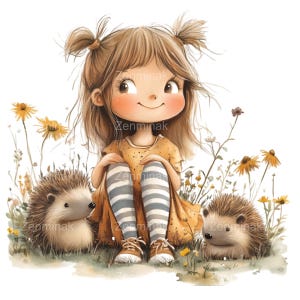 12 Clipart PNG di ragazza carina con ricci - Bambino stravagante, animali della foresta - Illustrazione della natura per stampe e decorazioni