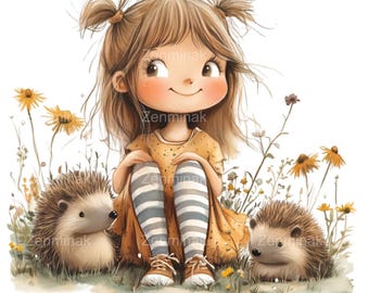 12 Cute Girl PNG Clipart with Hedgehogs - Whimsical Child, Forest Animals - Nature Illustration for Prints & Decor