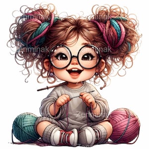 7 Clip Art PNG di ragazza che lavora a maglia - Illustrazione di un bambino carino con il filato - Design digitale di artigianato stravagante