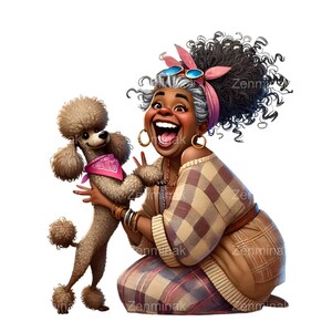 15 glückliche Frau PNG mit Pudel PNG, schrullige Cartoon Clipart, lustige Haustier Illustration für DIY-Projekte und Kunsthandwerk
