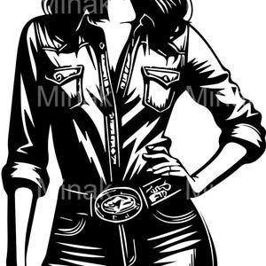 5 archivos SVG de vaquera segura de sí misma: mujer del oeste con sombrero, camisa y cinturón, silueta femenina de rodeo para camisetas y vasos