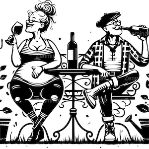 6 SVG drôle jardin couple coupe fichier SVG, dessin animé homme et femme buvant du vin et de la bière, plante en plein air banc des cliparts pour les artisans