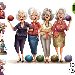 Bowling Party Clipart Illustration, lustige alte Dame Sublimation PNG