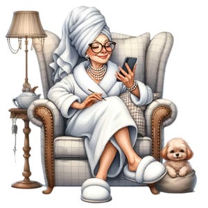 Imágenes prediseñadas de abuela moderna, 12 damas elegantes en bata de baño con teléfono inteligente y perro, arte digital PNG
