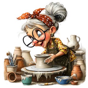 Könnte beinhalten: Illustration einer Frau mit Brille und rotem Bandana, die an einer Töpferscheibe arbeitet. Sie ist von verschiedenen Keramiktöpfen, Schalen und Werkzeugen umgeben. Die Frau trägt ein gelbes Blumenhemd und eine schwarze Schürze, was eine skurrile Szene schafft.
