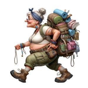 Cartone animato donna anziana zaino in spalla PNG - 10 escursionista nonna clipart per campeggio umorismo download digitale